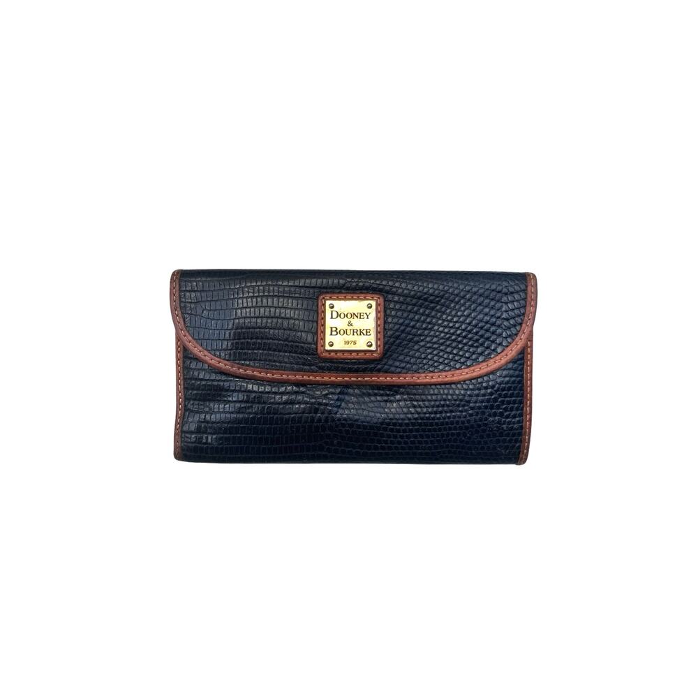 Vintage Dooney & Bourke Black Lizard Embossed Leather Continental Travel Wallet